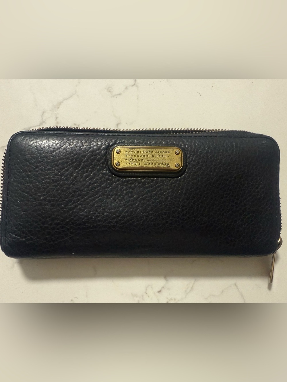 Marc by Marc Jacobs Black Pebbled Leather Zip-Around Wallet with Gold Plaque